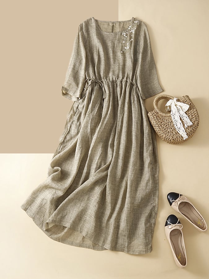Cotton And Linen Embroidery Loose Retro Mid Sleeve Dress