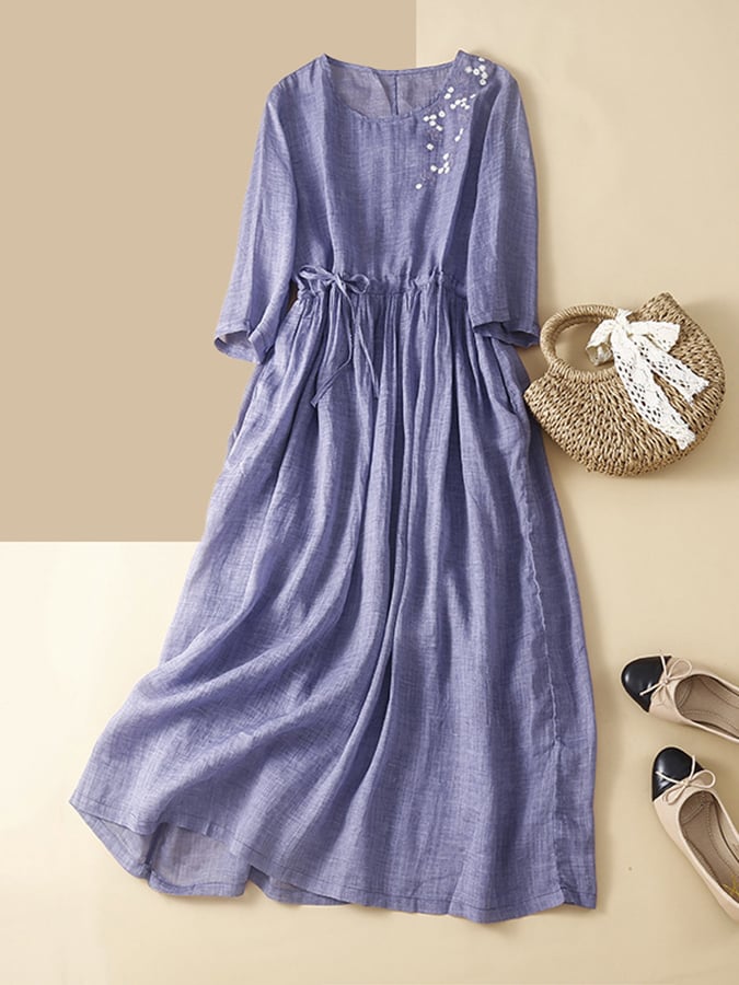 Cotton And Linen Embroidery Loose Retro Mid Sleeve Dress