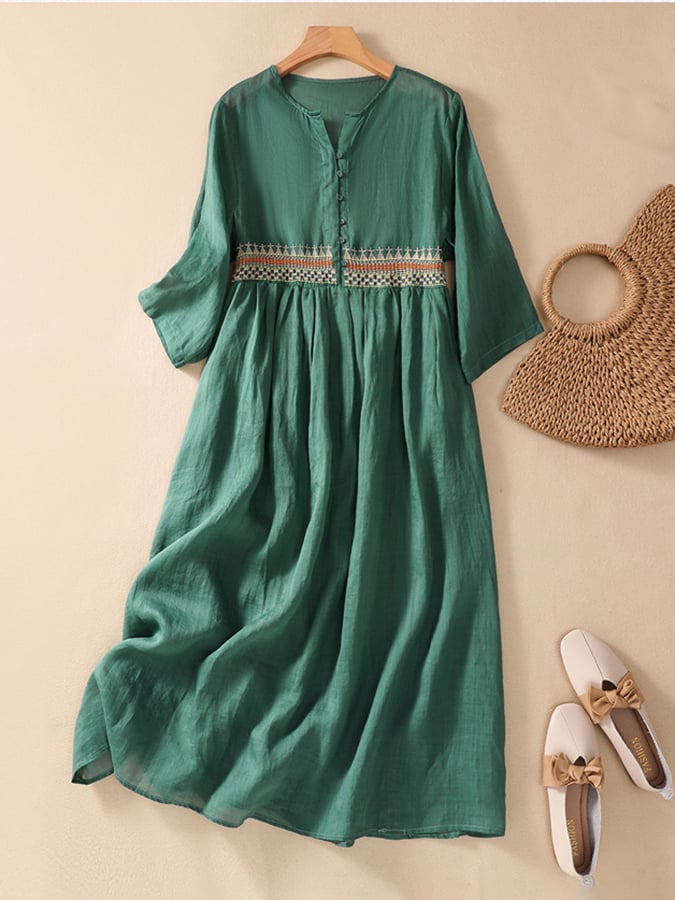 Cotton And Linen Patchwork Embroidered Dress