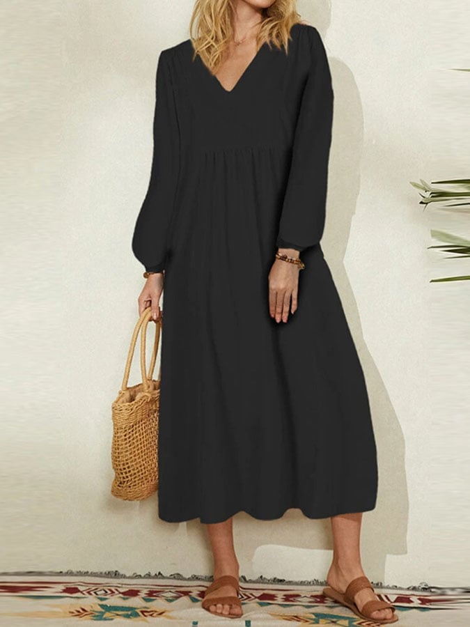 Casual Solid Color V-Neck Dress