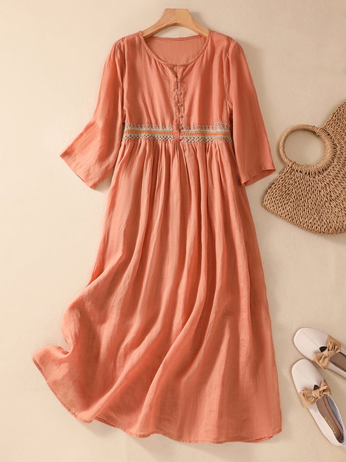 Cotton And Linen Patchwork Embroidered Dress