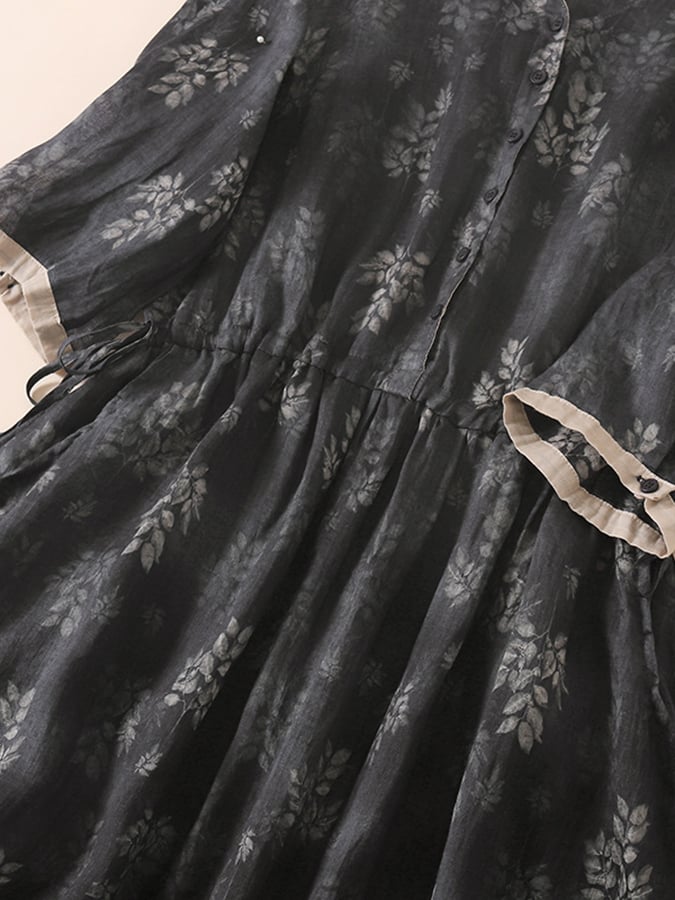 Cotton and Linen Floral Contrasting V-neck Dress