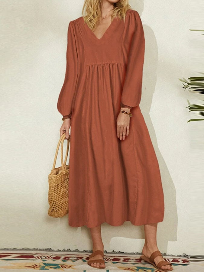 Casual Solid Color V-Neck Dress