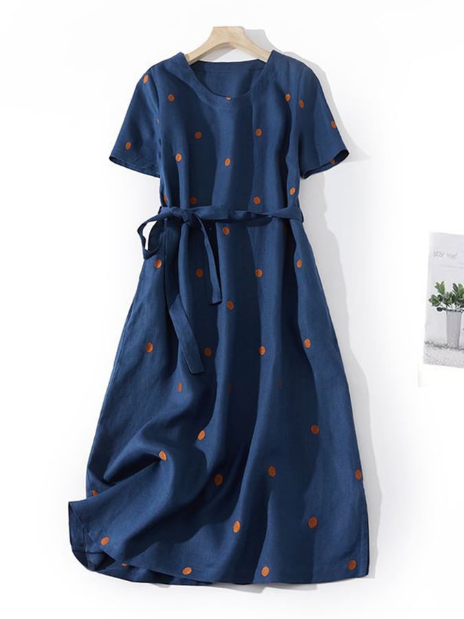 Cotton And Linen Printed Polka Dot Waistband Dress