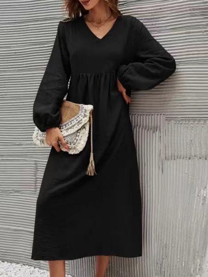 Casual Solid Color V-Neck Dress