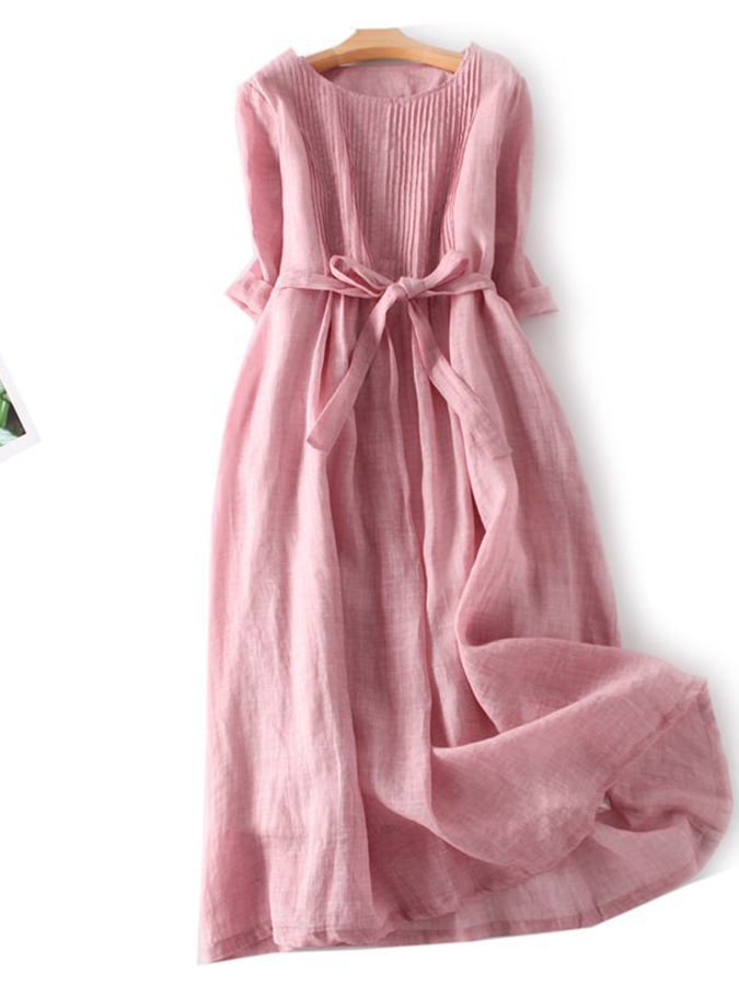 Cotton And Linen Lace Up Three Quarter Sleeve Solid Color Dress