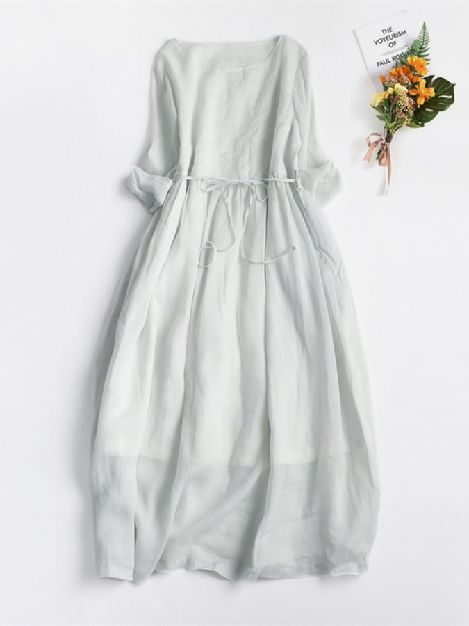 Cotton And Linen Embroidered Lace Up Waist Up Dress